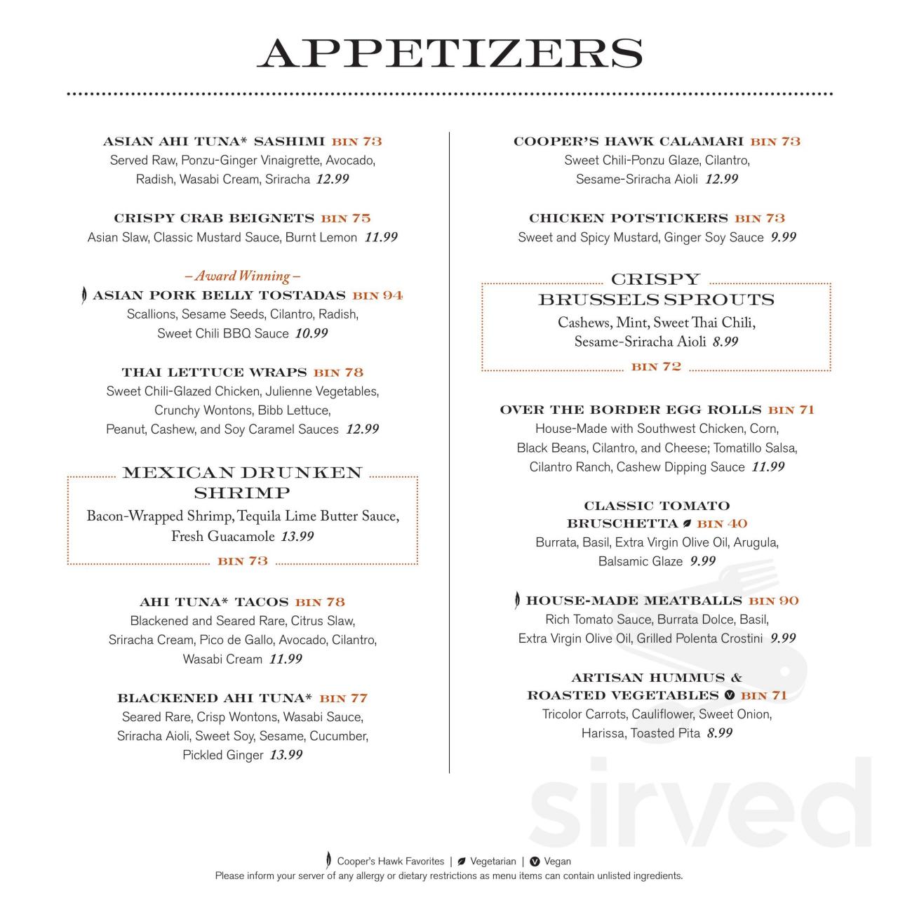 Coopers food and drink menu